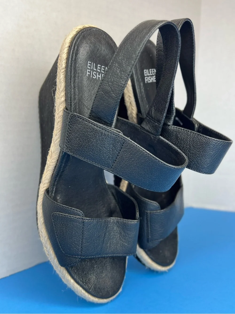 Eileen Fisher Winnie Womens Tumbled Leather Wedge Espradilles Black Sz 8M LKNW